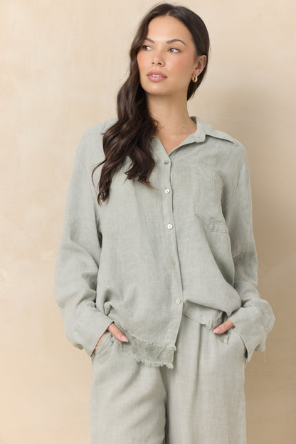 Sage Vintage Havana Drapey Linen Button Down