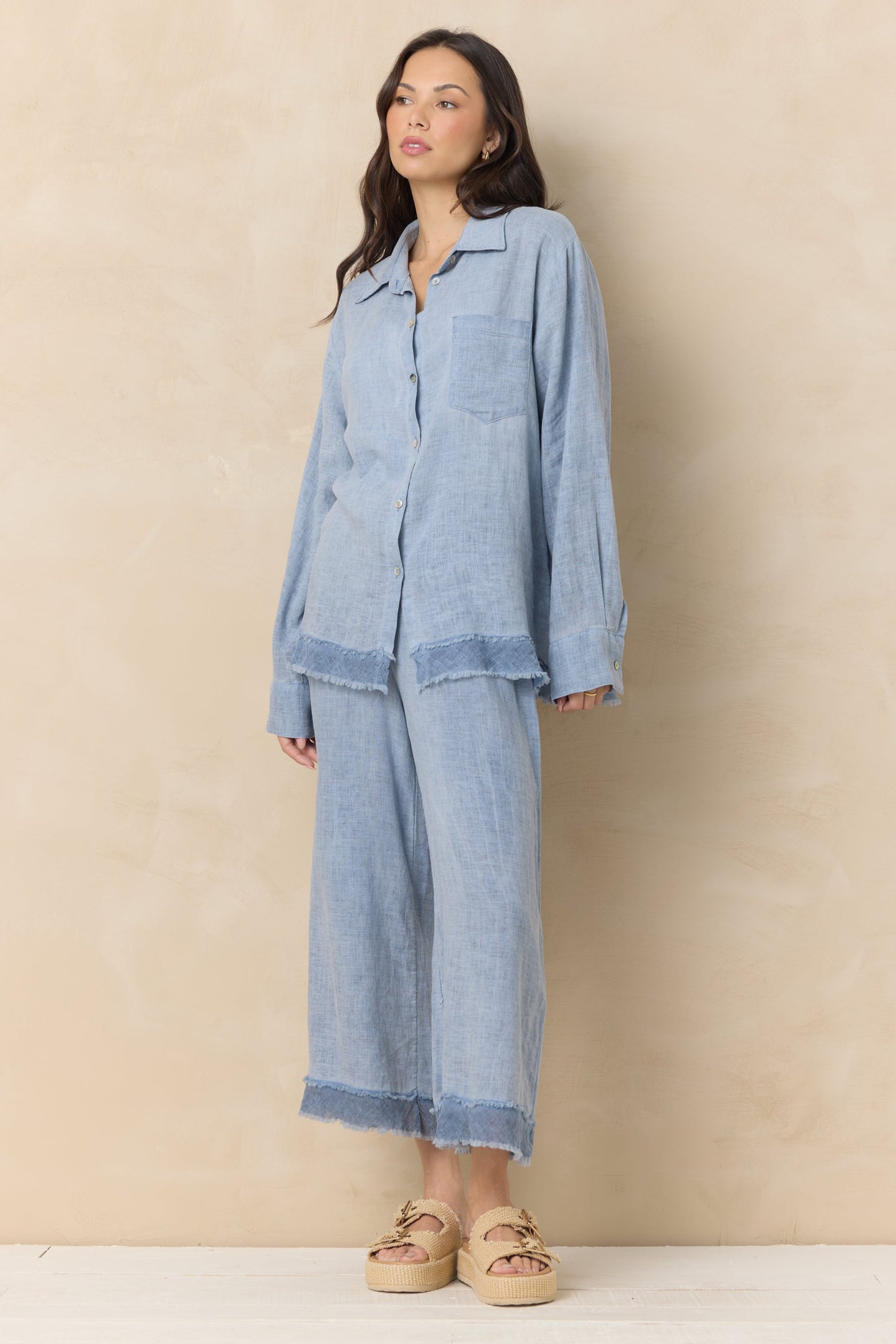 Sage Vintage Havana Drapey Linen Button Down