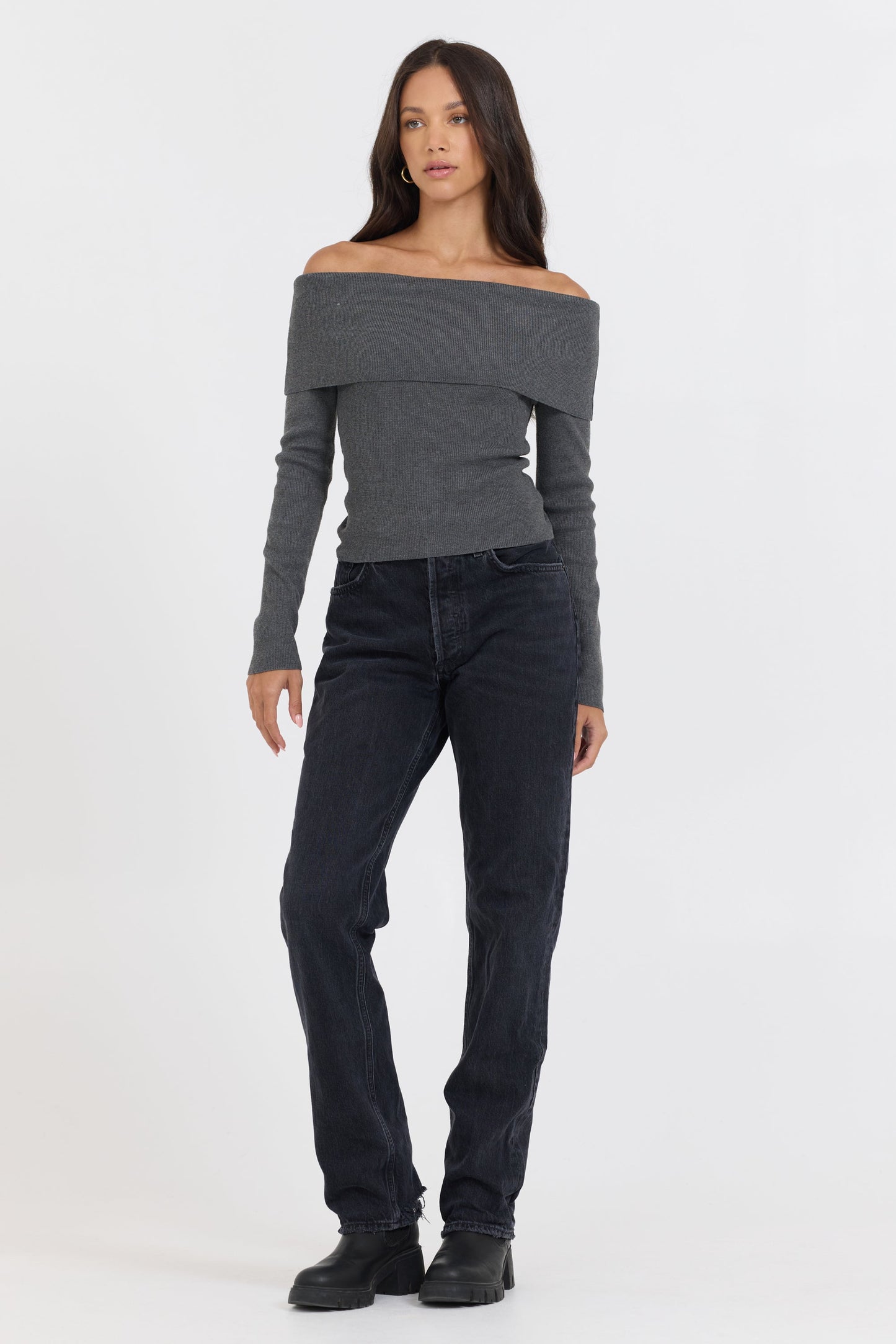Heather Charcoal Vintage Havana Heather Charcoal Off Shoulder Sweater