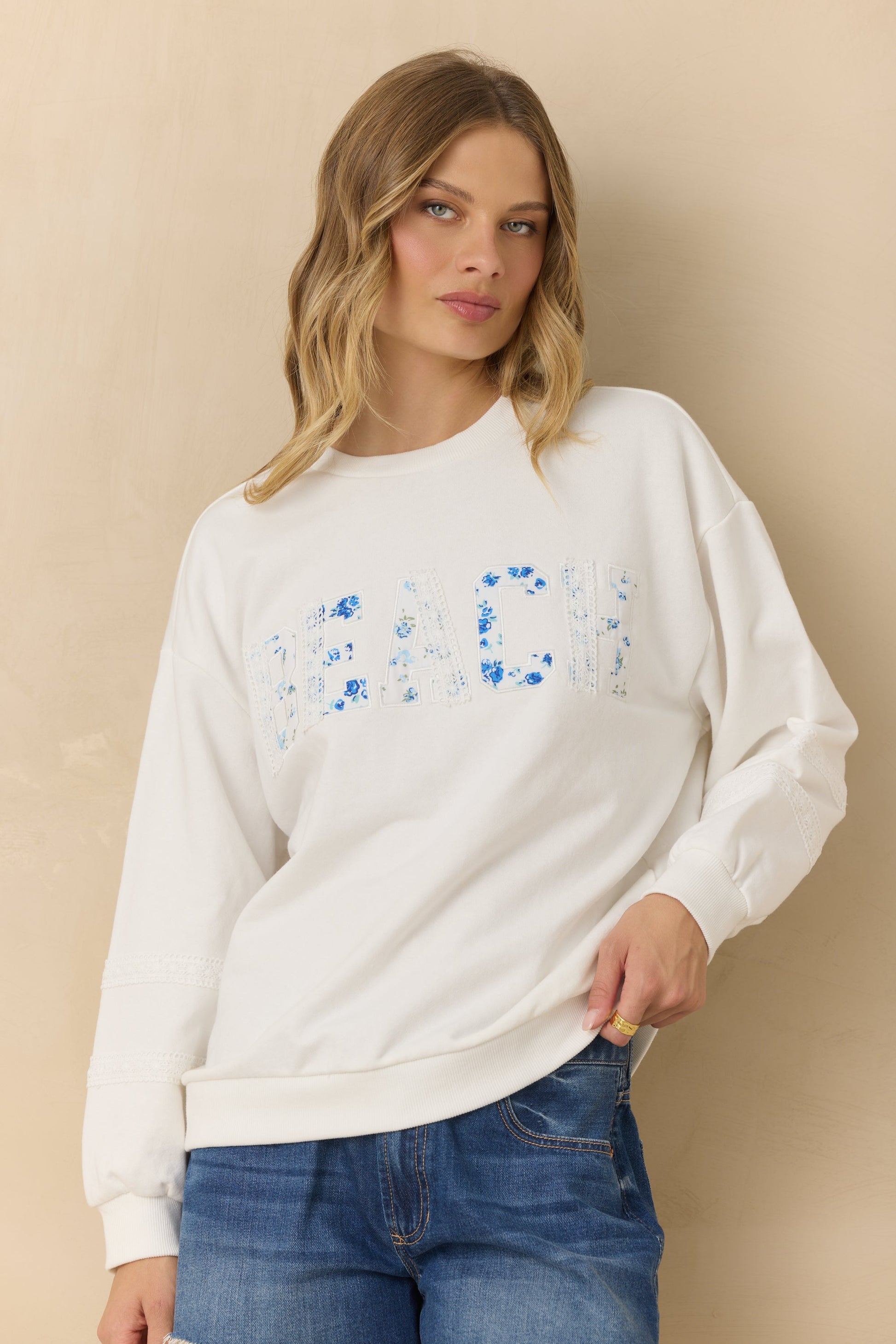 Soft Pink Vintage Havana Mixed Applique Beach Crewneck
