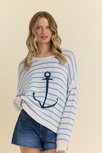 Vintage Havana Purl Knit Stripe Sweater with Anchor