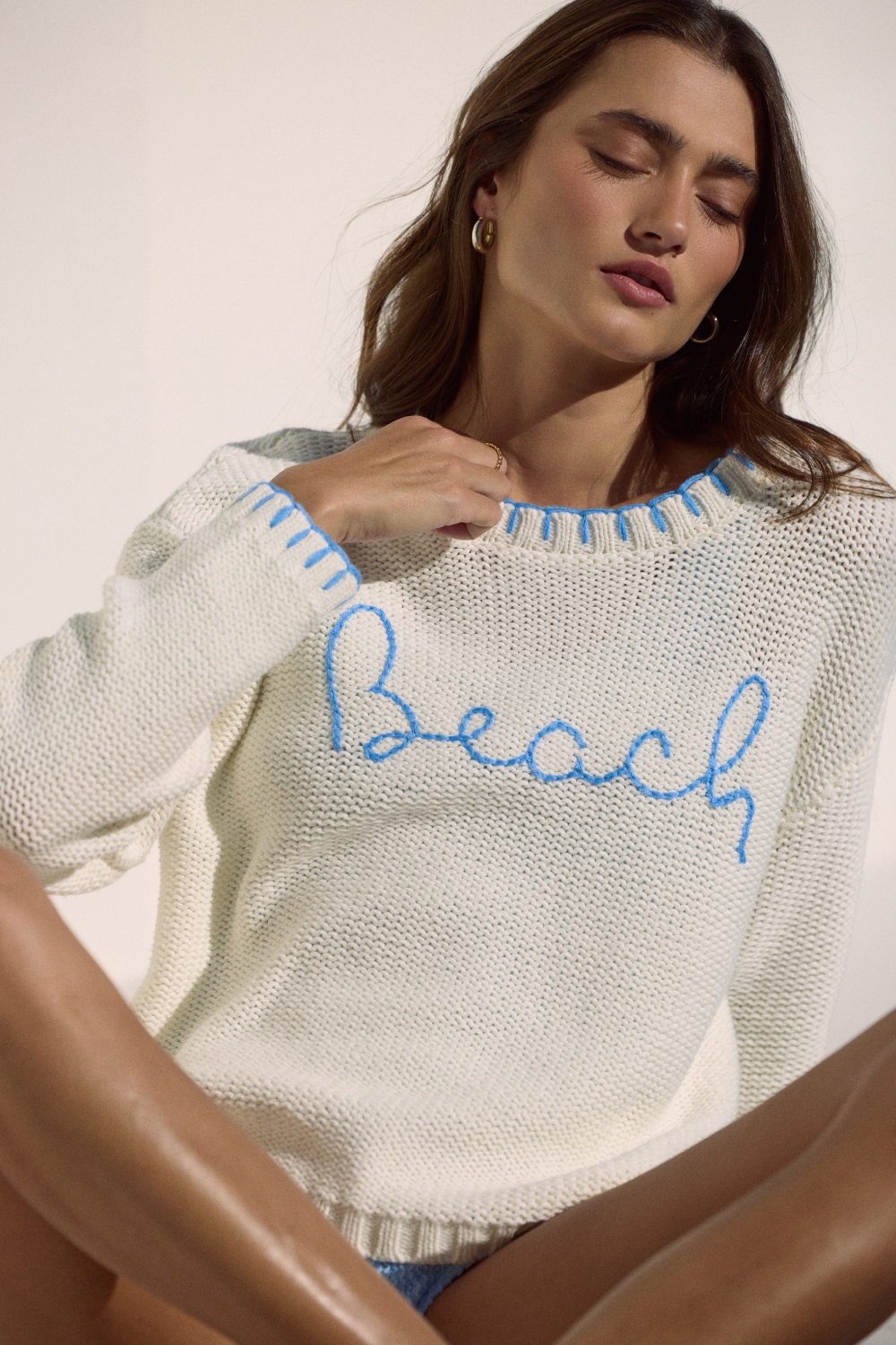 Ivory//Blue Shore Vintage Havana Beach Sweater with Whip Stitch