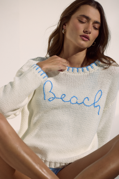 Ivory//Blue Shore Vintage Havana Beach Sweater with Whip Stitch