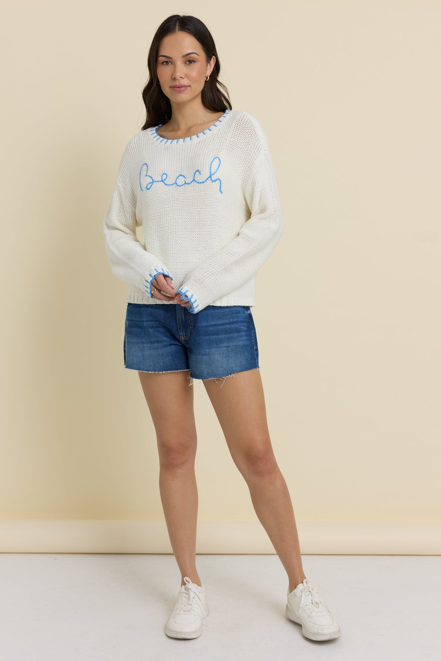 Ivory//Blue Shore Vintage Havana Beach Sweater with Whip Stitch