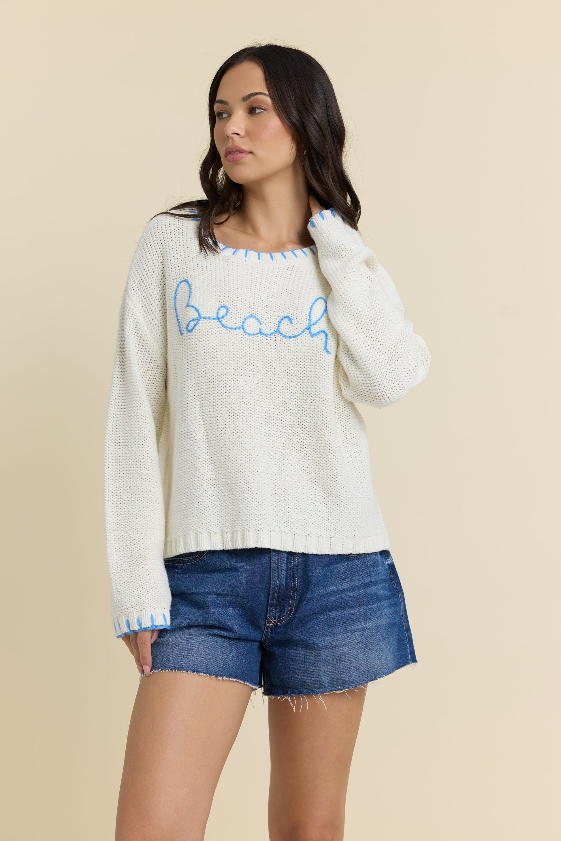 Ivory//Blue Shore Vintage Havana Beach Sweater with Whip Stitch