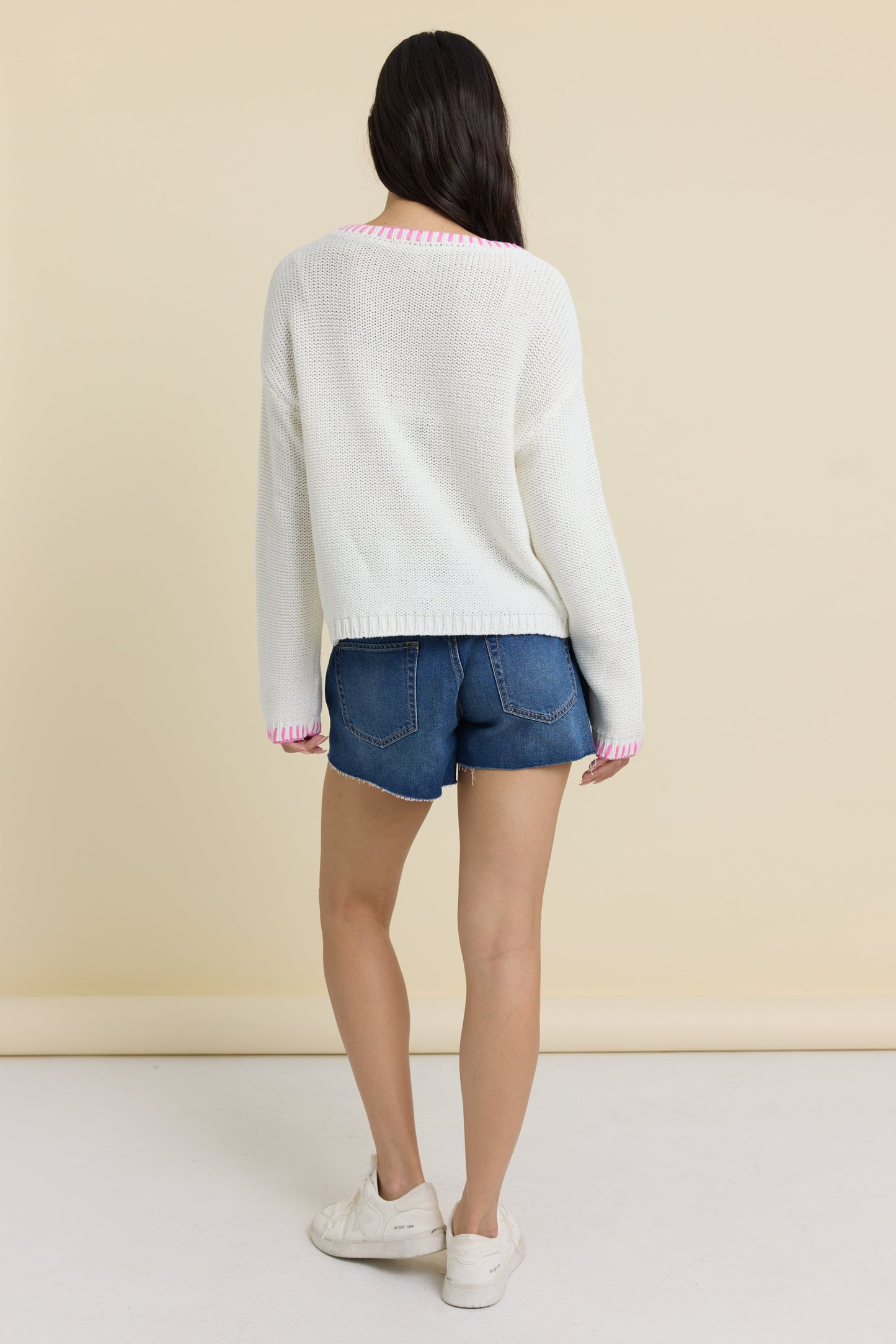 Ivory//Blue Shore Vintage Havana Beach Sweater with Whip Stitch