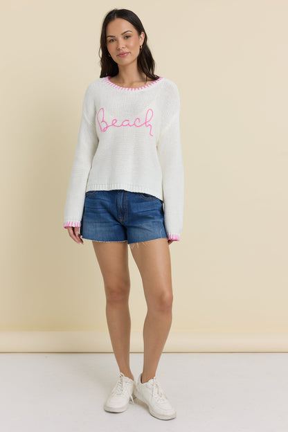Ivory//Blue Shore Vintage Havana Beach Sweater with Whip Stitch