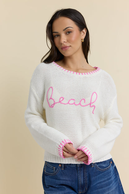 Ivory//Blue Shore Vintage Havana Beach Sweater with Whip Stitch