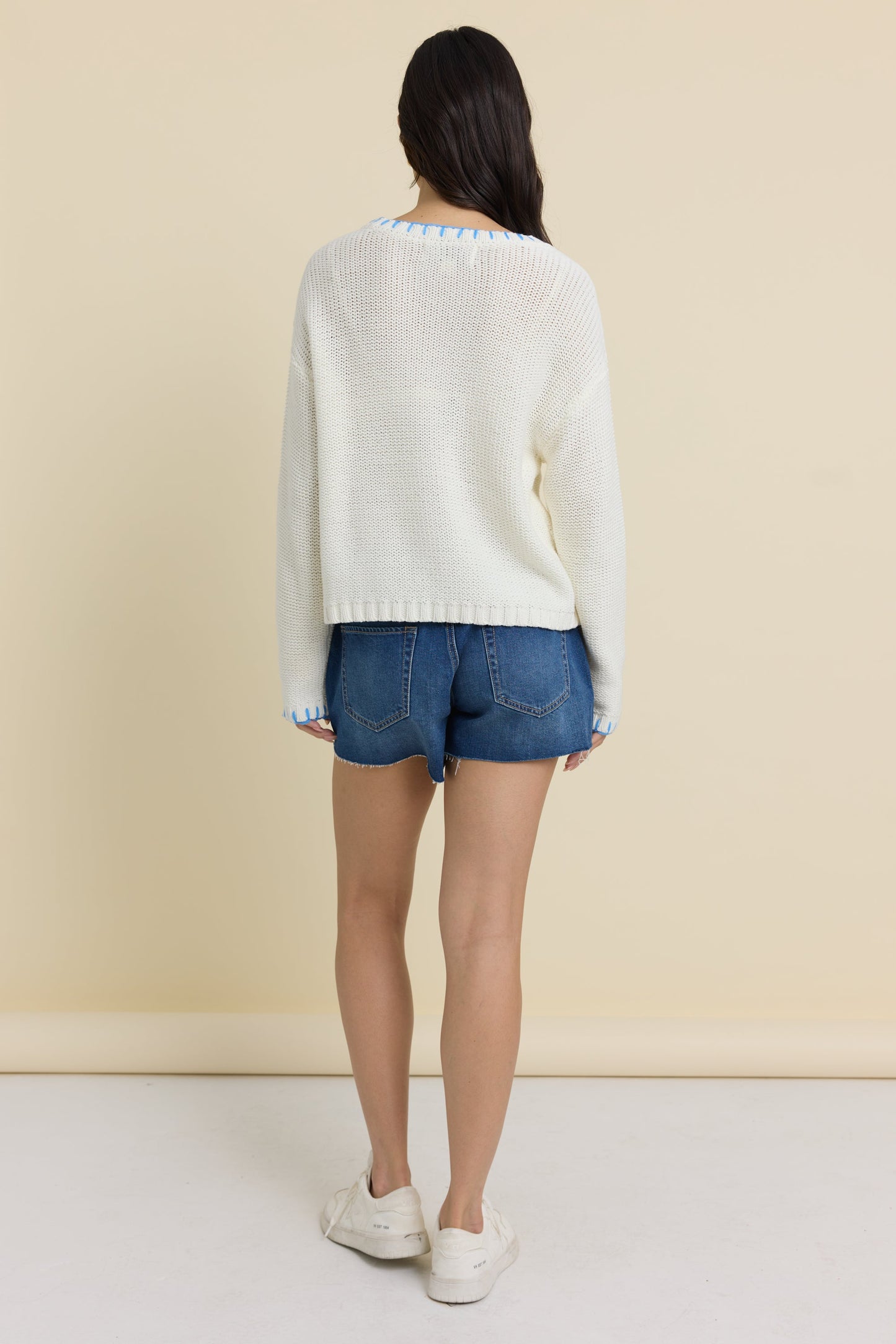 Ivory//Blue Shore Vintage Havana Beach Sweater with Whip Stitch