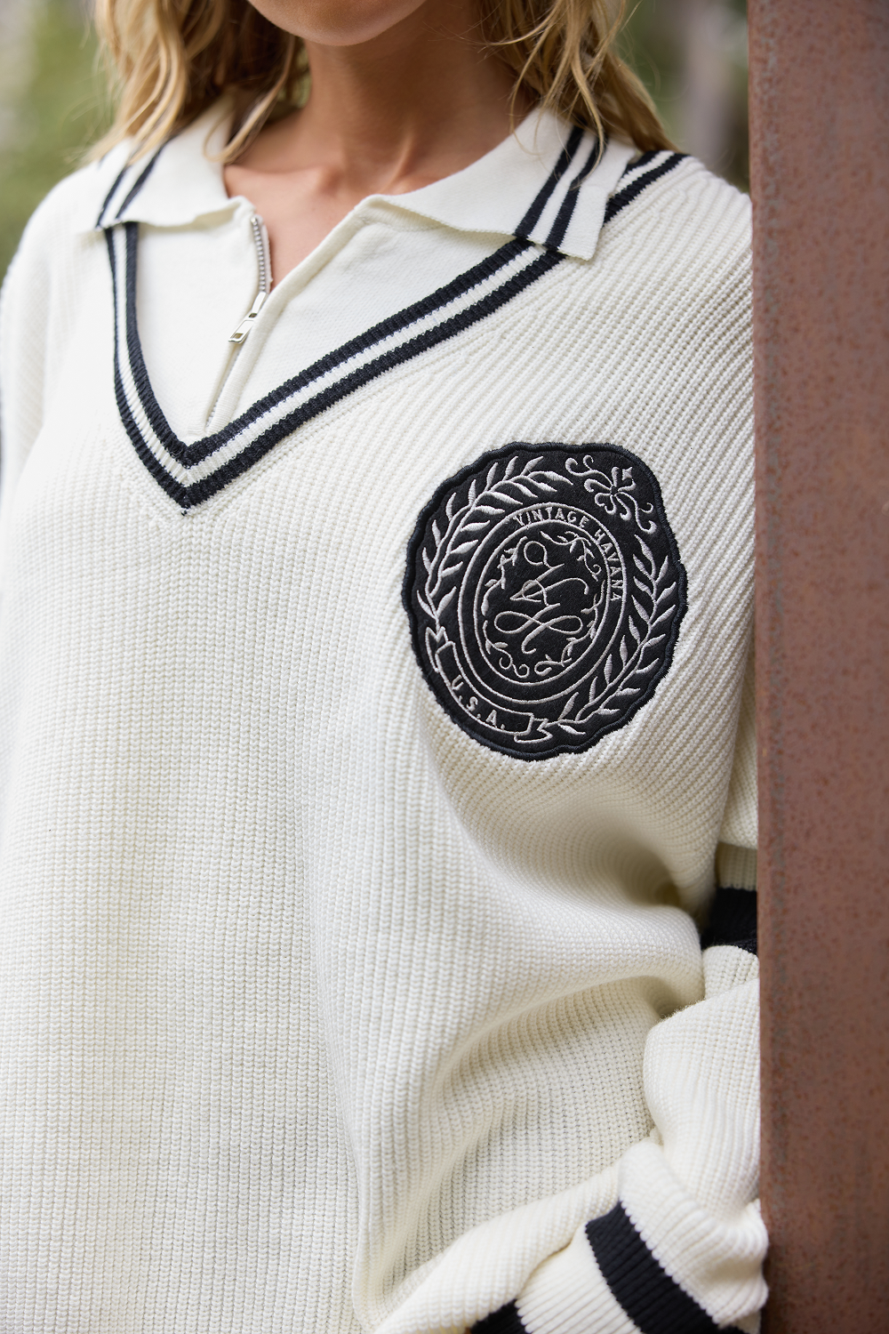 Ivory Vintage Havana Polo Quarter Zip Sweater