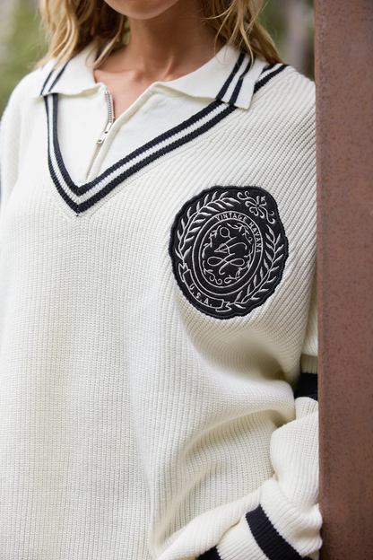 Ivory Vintage Havana Polo Quarter Zip Sweater
