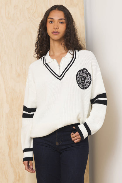 Ivory Vintage Havana Polo Quarter Zip Sweater