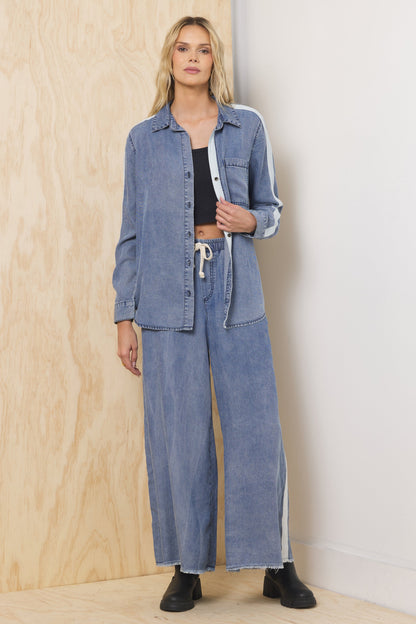 Washed Denim w/ Ivory Vintage Havana Tencel Shirt w/ Contrast Taping