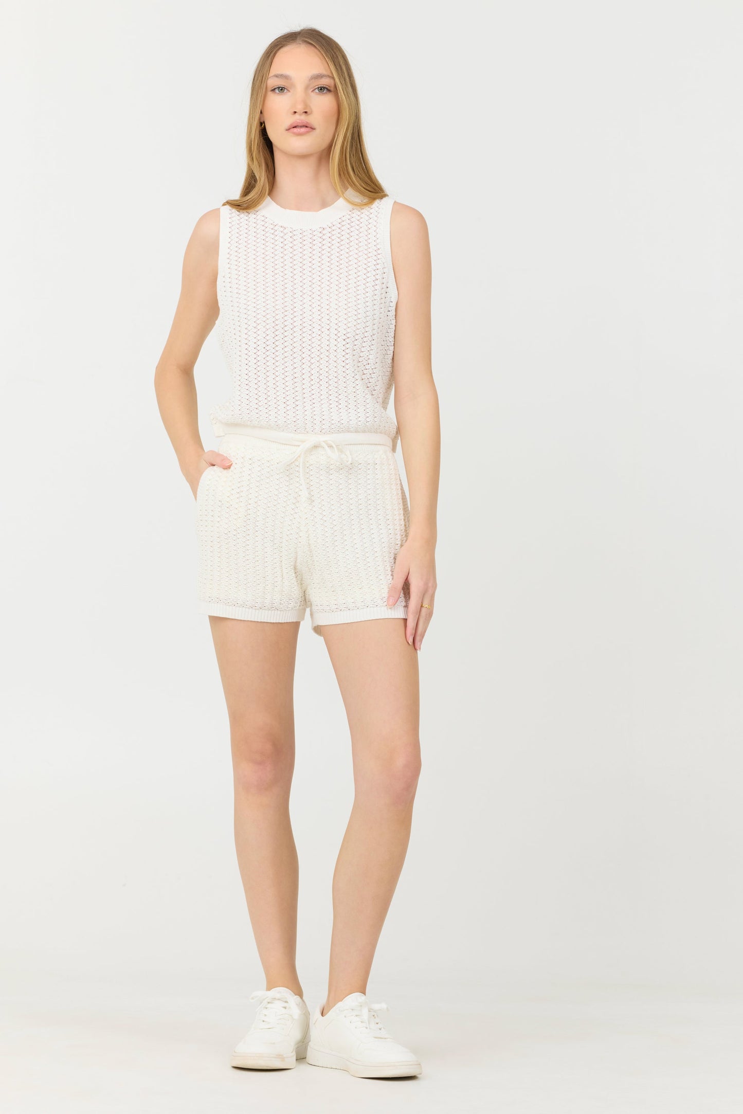 White Vintage Havana White Open Crochet Shorts