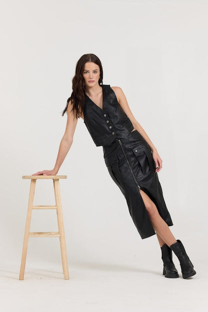 Black Vintage Havana Black leather Zip Front Midi Skirt