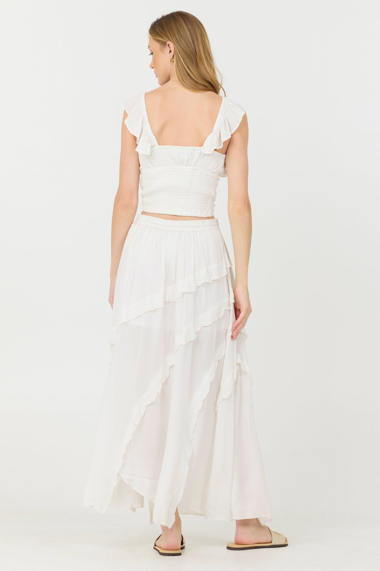 Clean White Vintage Havana Clean White Rayon Crinkle Ruffle Maxi Skirt
