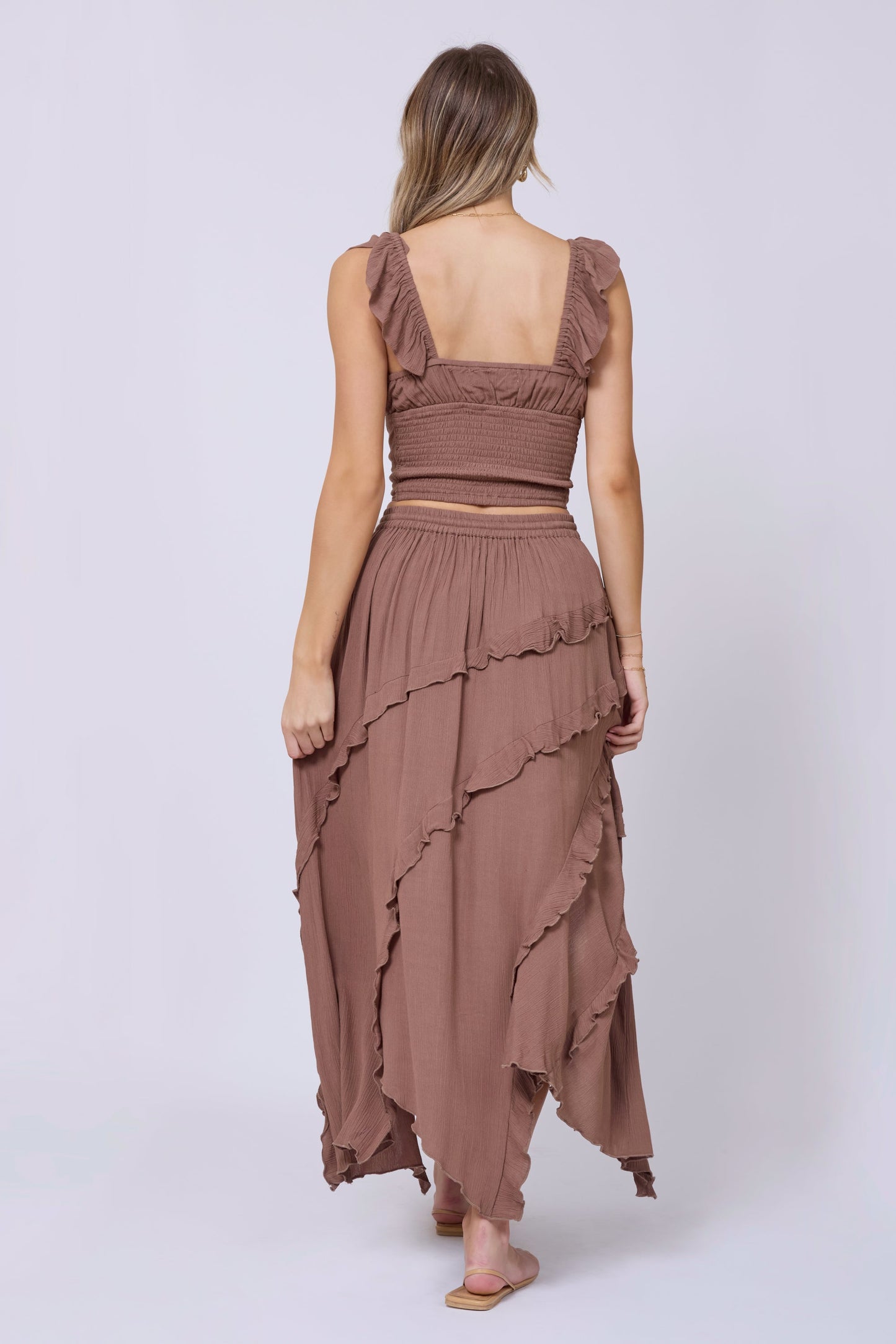Washed Mocha Vintage Havana Washed Mocha Rayon Crinkle Ruffle Maxi Skirt