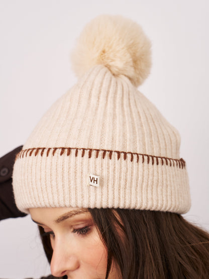 Ivory/Tan Vintage Havana RIBBED POMPOM BEANIE - IVORY/TAN