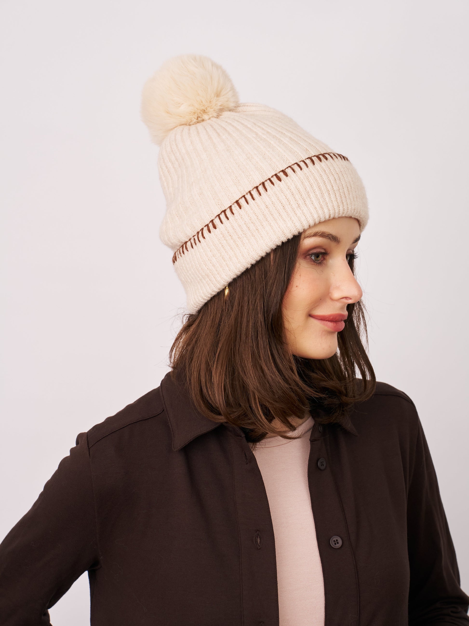 Ivory/Tan Vintage Havana RIBBED POMPOM BEANIE - IVORY/TAN