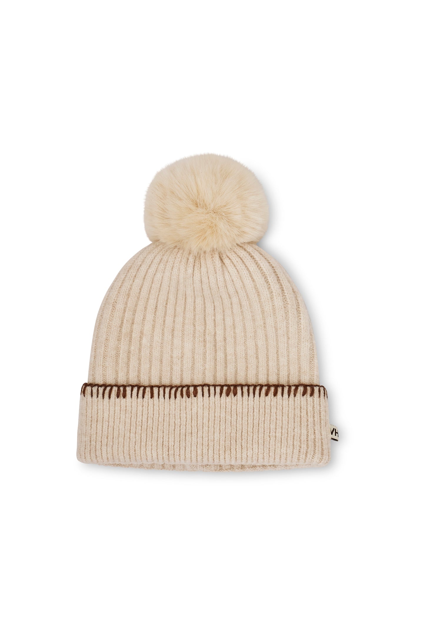 Ivory/Tan Vintage Havana RIBBED POMPOM BEANIE - IVORY/TAN