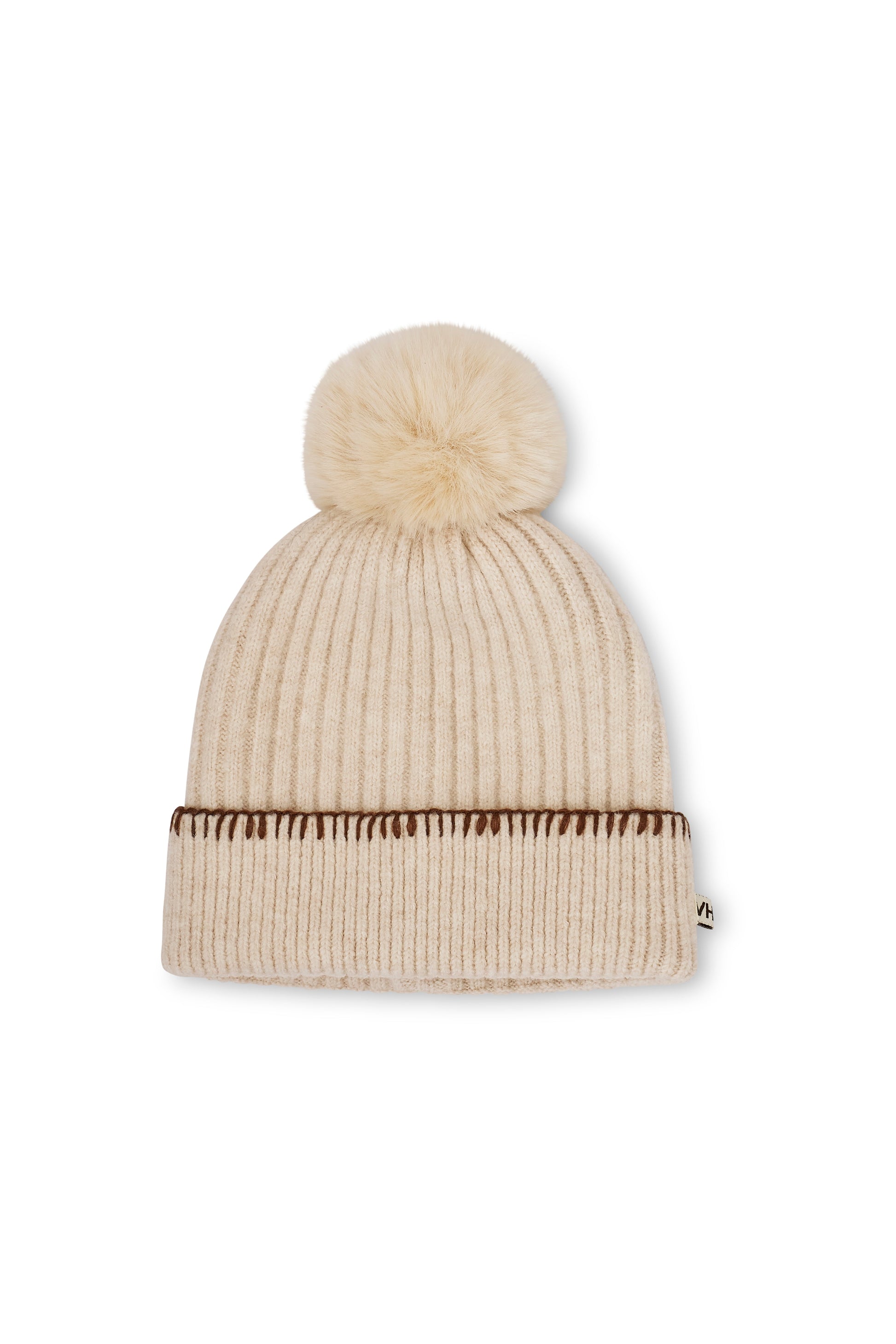 Ivory/Tan Vintage Havana RIBBED POMPOM BEANIE - IVORY/TAN