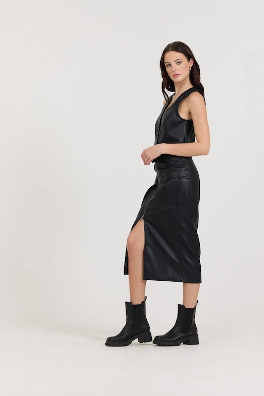 Black Vintage Havana Black Leather Button Front Vest